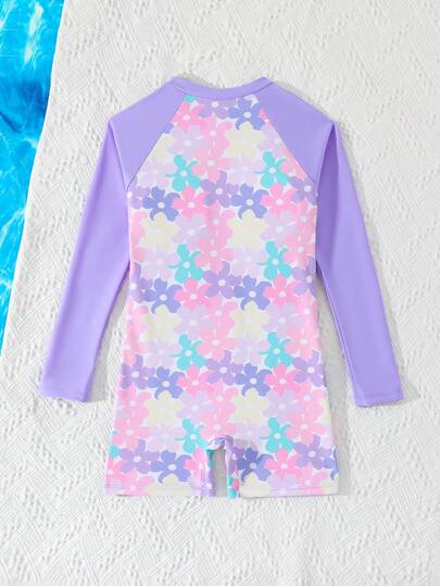 SHEIN Bộ đồ bơi liền thân in hoa màu hồng thời trang mới dành cho bé gái tuổi teen, kiểu dáng thanh lịch, sang trọng, chất liệu vải dệt kim, thiết kế khóa kéo tiện lợi, thích hợp cho bãi biển, kỳ nghỉ, bơi lội bên bờ biển, sự lựa chọn hoàn hảo cho mùa hè.