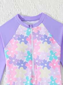 SHEIN 新款时尚少女粉色碎花连体泳衣，休闲优雅奢华，针织面料，拉链设计方便穿脱，适合海滩、度假、海边游泳，是夏季游泳的完美之选 - 紫色 - 查看 4