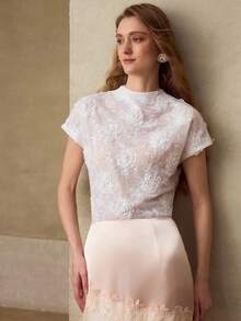 MOTF PREMIUM 优雅精致时尚玫瑰刺绣短袖立领女式上衣T恤 - 白色 - 查看 6