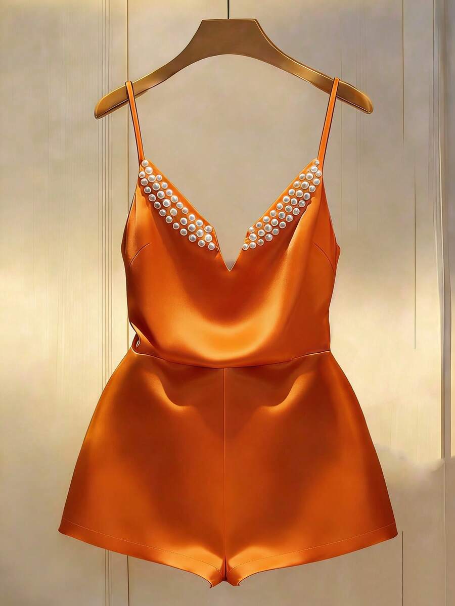 GlowEve 女士缎面V领连体衣 - 亮橙色 - 查看 1