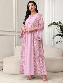 Al Najma Arabic Style Floral Print   Lace-Trimmed Dress With Round Neck, Bowknot, Flared Sleeves And Skirt, Spring/, Modest - Multicolor - View 5