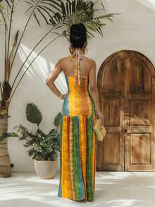 Lureya 女士时尚露背吊带性感镂空收腰紧身条纹扎染荷叶边开衩连衣裙，适合春夏度假穿着 - 彩色 - 查看 2