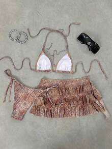 Elavelle 3pcs/Set Women's Random Print Halter Neck Bikini Set, Spring/Summer - Multicolor - View 2