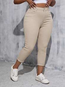 SHEIN Tall CURVE 大码女式白色牛仔弹力修身七分裤 - 卡其色 - 查看 4
