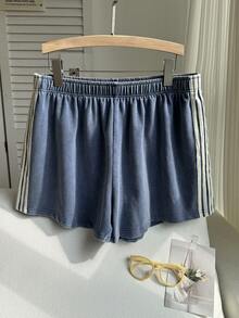 SHEIN EZwear Quần short nữ cỡ lớn màu xanh nhuộm tie-dye kẻ sọc bên hông - Màu xanh lam - Xem 3