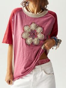 Bohemela 休闲针织撞色圆领宽松大码短袖T恤 - 彩色 - 查看 6