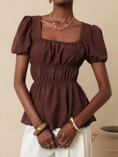 Vesra Square Neck Petal Sleeve Ruched Textured Ruched Hem Women Blouse
