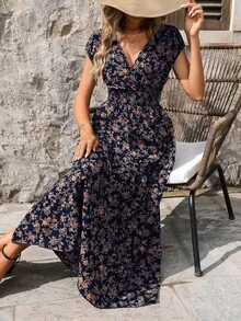 SHEIN LUNE 女式花卉印花褶皱腰连衣裙 女式长款服装 - 彩色 - 查看 7