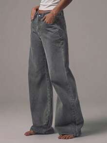 MUSERA 中腰宽松版型黑色水洗银色纽扣牛仔裤，中腰休闲，适合秋季、冬季、夜间外出、返校、办公室、工作、约会等场合，是春夏必备的经典牛仔单品。 - 灰色 - 查看 2