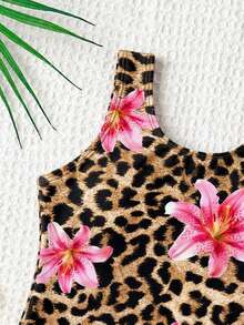 Baby Girls Beachwear,Cute Multi-Color Knitted Fabric Leopard Flower Print Swimsuit,Holiday Summer Vacation Beach Pool Party Elegant Fashion Swimwear - Multicolor - View 4