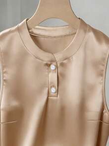 Lyxana Women's Summer Knit Round Neck Shiny Cady Sleeveless Champagne Commuter Metal Button Elegant Casual Versatile Tank Top - Champagne - View 3