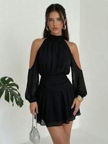 Firerie Đầm ngắn voan thanh lịch cổ buộc dây hở vai dành cho nữ, thích hợp cho những buổi hẹn hò mùa hè. - màu đen - Xem 3