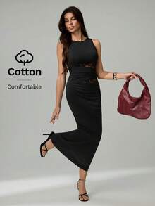 SHEIN Tall 女士黑色优雅蕾丝拼接真挚长裙，舒适弹力棉质面料，新年优雅女士派对礼服 - 黑色 - 查看 9