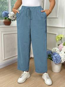 EMERY ROSE Plus Size Women Cotton Fold-Over Waist Tie Casual Pants Fall - Dark Wash - View 4