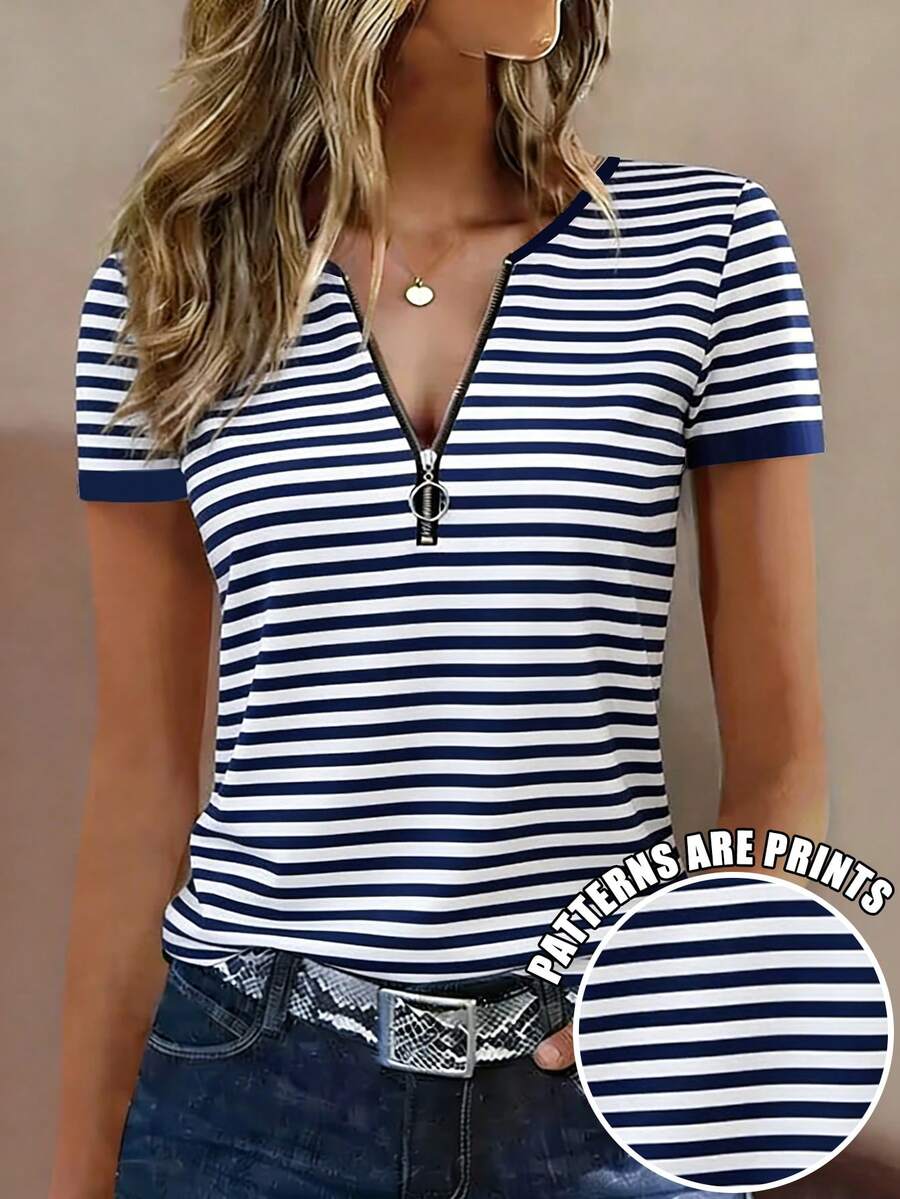 Áo thun nữ tay ngắn mùa hè, họa tiết kẻ sọc, cổ chữ V, khóa kéo kim loại. - Nhiều màu - Xem 1