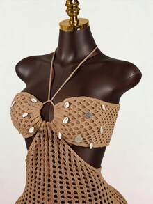 SaltGleam SaltGleam Women's Summer Vacation Hollow-Out Sequin Fringe Hem Halter Knit Dress - Khaki - View 6