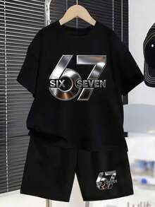 2件套男童休闲时尚创意个性清新简约金属质感数字67字母标语印花宽松T恤和短裤套装，舒适百搭，适合春夏季日常穿着 - 黑色 - 查看 2