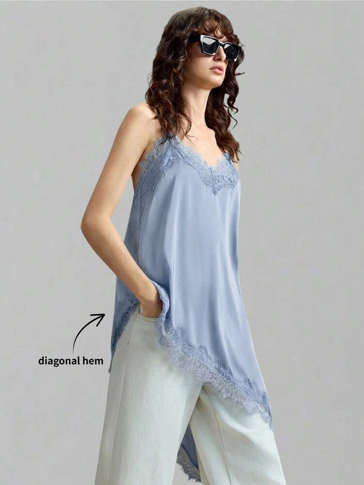 Stylish Blue Woven Fabric Cami For Women Featuring Spaghetti Straps And Eye-Catching Lace Trim All-Season Versatile Modern Urban Fashion Business Casual Women's Wear Office Attire Understated Old-Money Style, Elegant And Sophisticated, High-Quality Commuter And Airport Women's Wear Bohemian Style Vacation Outfits Seaside Women's Clothing, Country Music Concert Style, Western Style Clothing, Nomadic Casual Fashion Boho