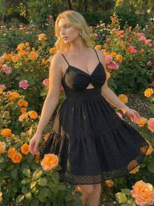 SHEIN MOD 黑色雪纺纹理扭结高腰大摆裙长裙，适合婚礼季节，加大码 - 黑色 - 查看 6