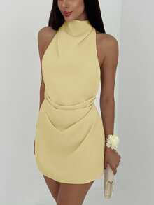 Aloruh Vestido mini plisado con espalda descubierta y lazo elegante y minimalista para mujeres - amarillo ganso - Ver 5