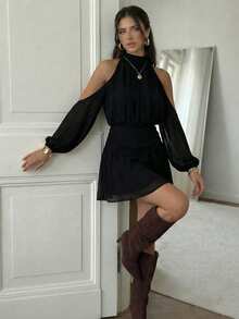 Firerie Đầm ngắn voan thanh lịch cổ buộc dây hở vai dành cho nữ, thích hợp cho những buổi hẹn hò mùa hè. - màu đen - Xem 7