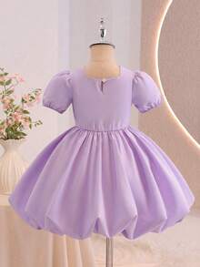 Glamorique Kids 1件装女童方领短泡泡袖蝴蝶结装饰粉色可爱优雅休闲连衣裙，适合日常外出、旅行、聚会、夏季穿着，面料柔软舒适，2026春夏新款 - 淡紫色 - 查看 2