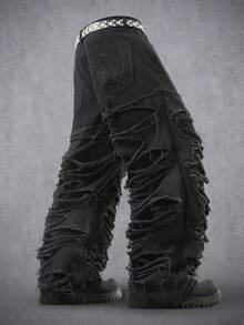 Manfinity Denimwave 男士休闲破洞毛边黑色阔腿牛仔裤 - 黑色 - 查看 2