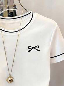 Tween Girls' Casual Cute Mini Bow Logo Print, Black & White Striped Contrast Color Short Sleeve T-Shirt, Suitable For Daily Wear, Student, Outdoor - Multicolor - View 4
