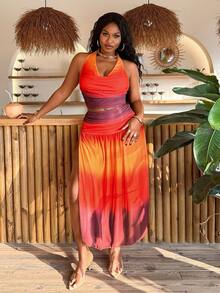 Slaydiva Plus Size European And American Style Gradient Halter Backless Long Bikini Two Pieces Swimwear - Multicolor - View 4