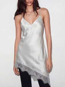 Lumivelle Women's New Arrival Spaghetti Strap Dress, Women's Pique Dress, Lace Patchwork Dress, Women's Spaghetti Strap V-Neck Dress, Asymmetric Hem Dress, Women's Elegant Date Dress, Women's Party Dress, Women's Wedding Guest Dress, Women's Fashion Street Style Dress, Sexy V-Neck Satin Pique Waist A-Line Lace Patchwork Elegant Romantic Dress - Silver - View 4