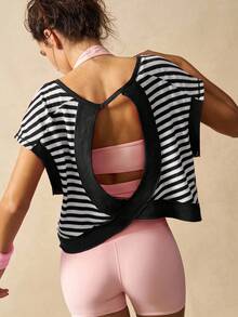 VARSIVA Áo tập thể dục nữ, áo thun và áo tank top thể thao kẻ sọc thời trang, thích hợp cho mùa hè. - Đen và trắng - Xem 6