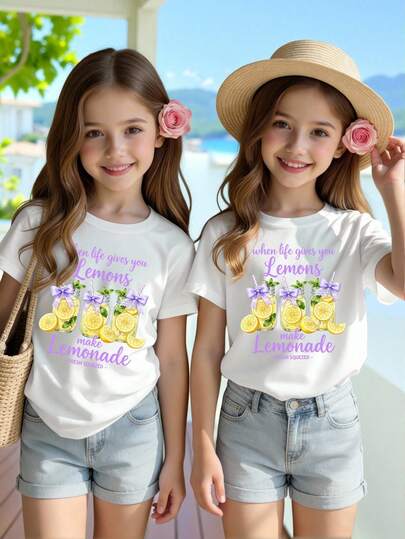 Tween Girl Spring And Summer Casual Fashion Creative Personalized Fresh Elegant Minimalist Lemon Tea Purple Bow Green Leaf Pattern Letter Slogan Print Basic White Short T-Shirt, Comfortable Daily Wear For Girls, Cozy Summer And Fall Styles Suitable For Spring, Summer And Autumn
