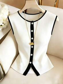 Elenzga Women's Round Neck Single-Breasted Casual Versatile Daily Wear Top - Black and White - View 3