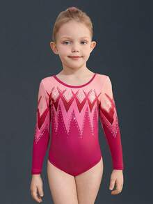 女童服装，渐变菱形装饰体操服，高弹力，户外运动，舞蹈，瑜伽，体操连体衣，四向弹力，高弹力 - 玫紅色 - 查看 5