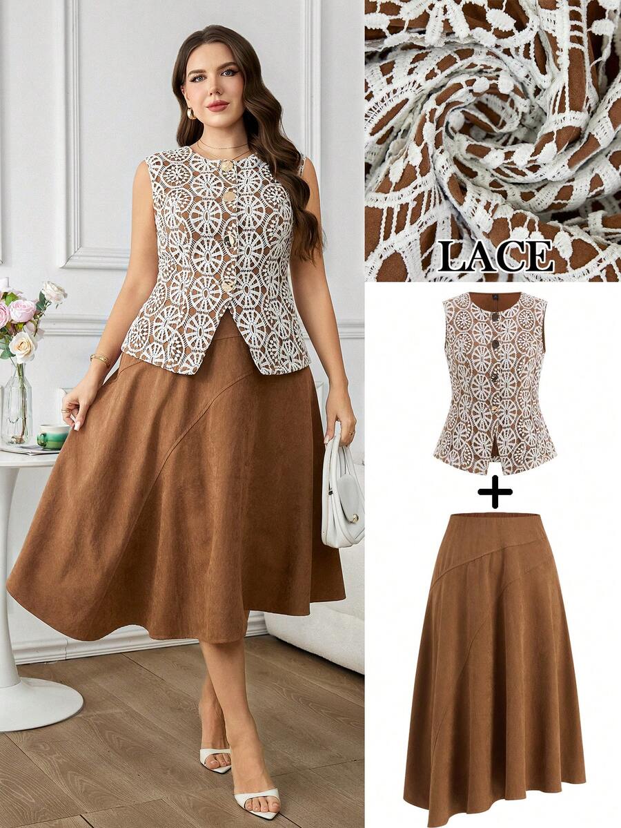 Gownix Plus Size Women's 2-Piece Set,Elegant Lace Sleeveless Top And ...