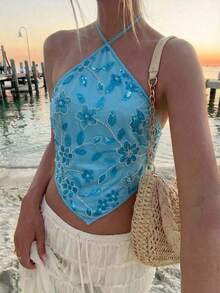 Aloruh 亮片刺绣性感露背吊带背心，优雅适合派对、音乐节和夏季穿着 - 藍色 - 查看 3