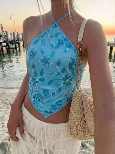 Aloruh Blue Sequin Embroidered Sexy Backless Camisole, Elegant For Party, Music Festival, Summer,Y2K,Summer Top,Beach Outfits,Sequin Top,Sparkly Tops,Music Festival,Street Wear,Casual,Cute,Gyaru,Sexy