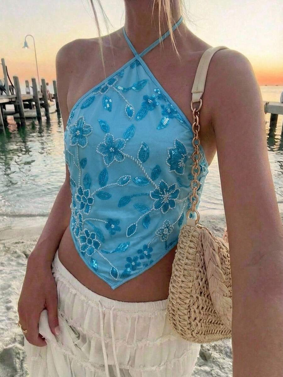 Aloruh 亮片刺绣性感露背吊带背心，优雅适合派对、音乐节和夏季穿着 - 藍色 - 查看 1
