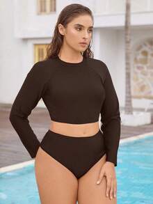 Swim SPRTY 大码女式运动长袖纯色上衣和短裤泳衣套装 - 咖啡棕 - 查看 4