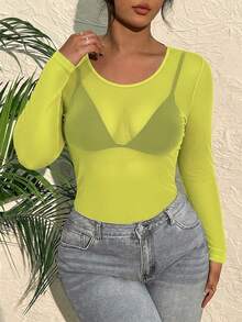 CovetEZ Atasan Wanita Ukuran Besar Warna Polos Leher Bulat Transparan Lengan Panjang Kasual - Kuning - View 3
