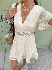 Serisse Women Elegant Holiday Casual Solid Color  V-Neck Ruffle Sleeve Cut Flower Chiffon Casual Dress With Lace Embroidery And A-Line Hem,Vacation Style,Jacquard Textured Babydoll Dress,Romantic Jacquard Flower Summer Dress,Ruffled Dress,Summer Dresses For Women Vacation Outfits Woman Beach Outfits For Woman Dresses For Women Elegant  Business Casual Woman,Casual Dresses For Women Summer Vacation Outfits Wedding Guest Dress For Women Carnival Dress - Apricot - View 6