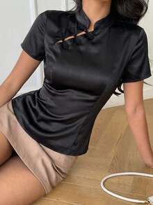 Aloruh Áo sơ mi satin cài cúc kiểu Trung Quốc mới, thanh lịch, thường ngày dành cho nữ. - màu đen - Xem 2