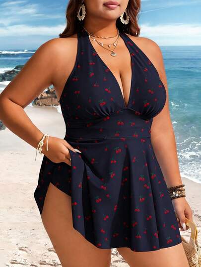 Swim Lushoire Plus Size Women's 2-Piece Striped Print Waist Ruched Halter Tankini Swimsuit, Mature Minimalist Casual Resort Swimwear