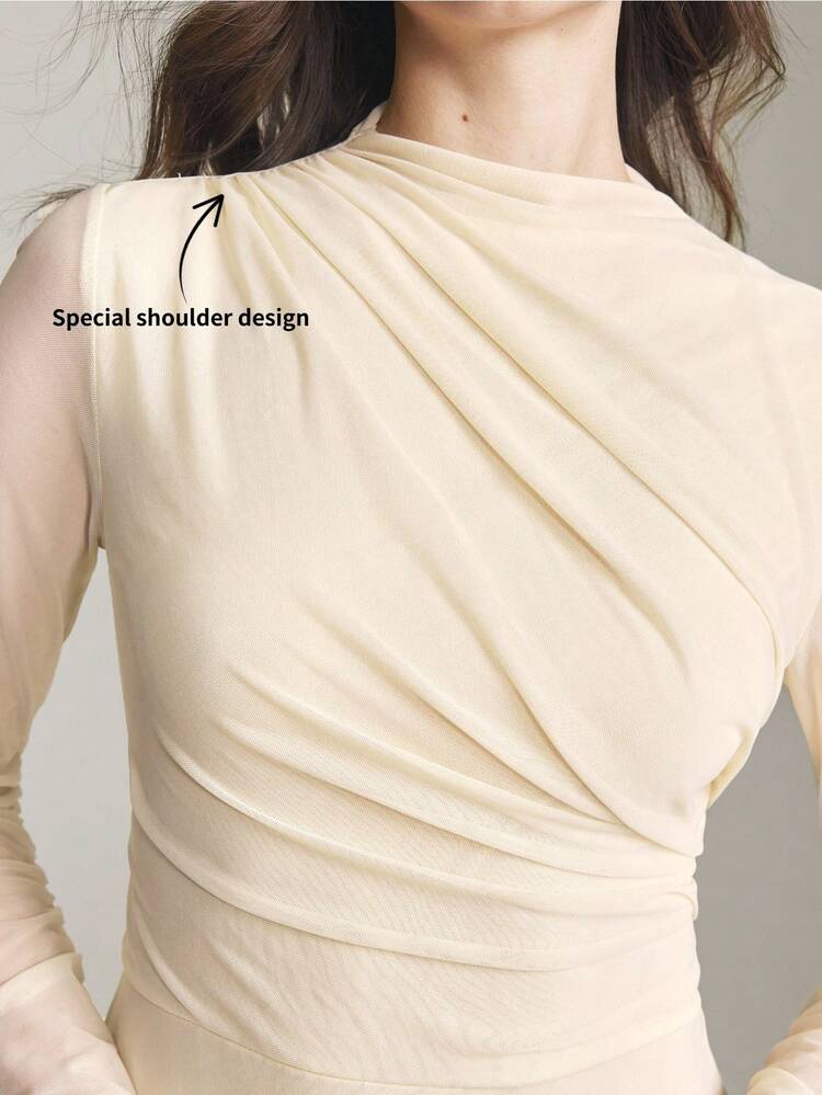 2026SS New Summer Maxi Dress, Women's Extra Long Dress, Minimalist High-End Design Versatile For Daily Wear, Apricot Color, Soft Knit Fabric, Stand Collar, Fitted Silhouette, Women's Long Dress, Business Casual, Office Commute, Daily Wear, Korean Style, Romantic Date, Holiday Party, Wedding Guest, Women's Office Outfit, Best-Selling Solid Color Versatile Women's Extra Long Dress