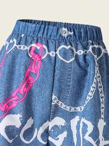 Sparklyn 休闲时尚卡通印花仿牛仔弹力腰阔腿裤，适合青少年女孩，宽松舒适，适合秋季、春季、夏季日常穿着、通勤、户外活动、篮球、足球、上学、街头风、派对、拍照等场合。 - 藍色 - 查看 4