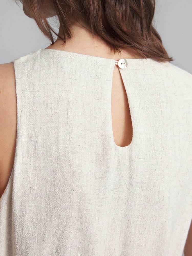 Women's Off-White Summer Elegant Modest Vacation Holiday Dress,10% Linen Sleeveless Fitted Waist Short Dress,Minimalist Office Commute Urban Outfit