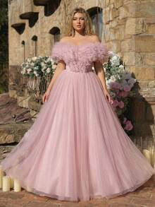 Glamrae 大码优雅浪漫奢华粉色露肩3D立体花卉袖修身蓬松长裙，适合晚宴、单身派对、约会、舞会、度假、婚礼等场合。 - 藕粉色 - 查看 5