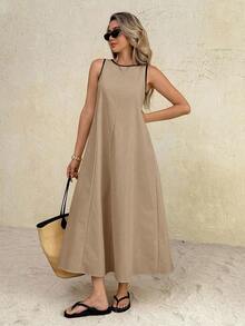 Vestido largo de cuello redondo casual para mujer, adecuado para uso diario y citas - Caqui - Ver 3