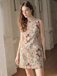 Anewsta Nuevo vestido de mujer sin mangas de cintura ceñida con estampado de jacquard y adornos de rhinestone, para primavera/verano - Multicolor - Ver 7
