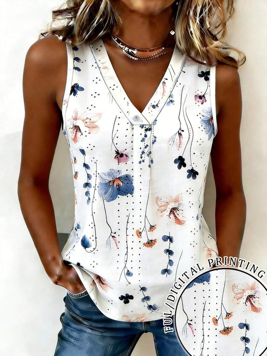 EMERY ROSE 女士V领印花休闲百搭日常上衣 - 彩色 - 查看 1